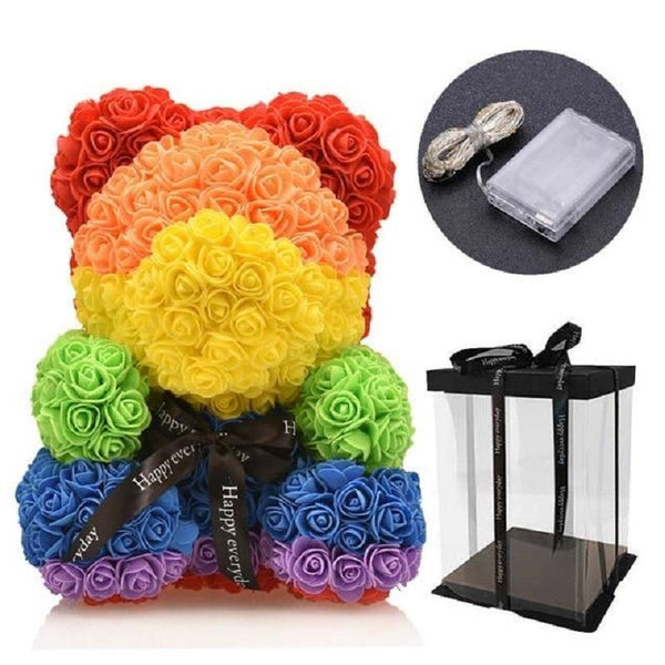 Gorgeous Rainbow Rose Teddy Bear with LED Light and Gift Box - 40cm