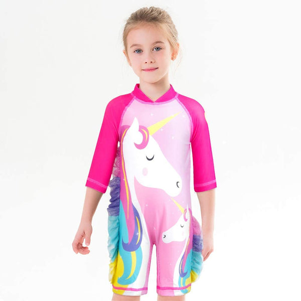 Set of Pink Unicorn One-Piece Long-sleeve Swimsuit and Hat