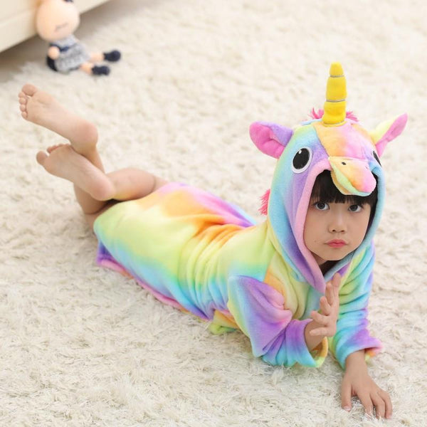 Onesie World - Colourful Rainbow Striped Unicorn Kids Bathrobe