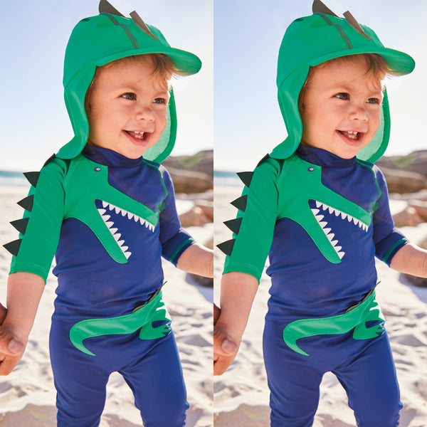 Set of Dinosaur One-Piece Long-sleeve Swimsuit and Hat