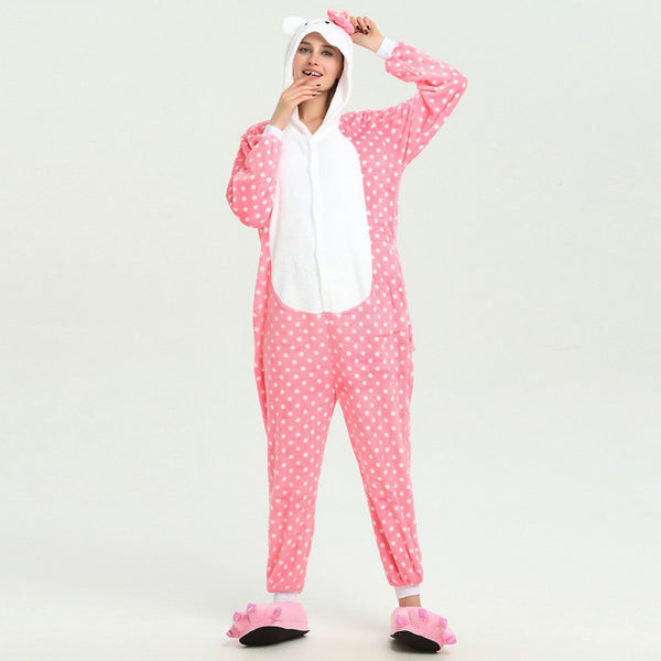 Onesie World Unisex Animal Pyjamas - Dotted Pink Hello Kitty Adult Onesie (Cosplay / Nightwear / Halloween / Carnival / Novelty Costume)