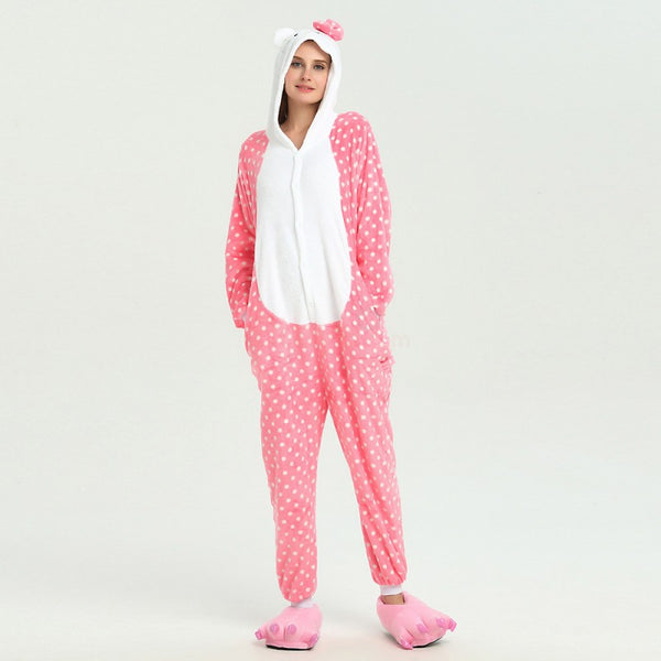 Onesie World Unisex Animal Pyjamas - Dotted Pink Hello Kitty Adult Onesie (Cosplay / Nightwear / Halloween / Carnival / Novelty Costume)