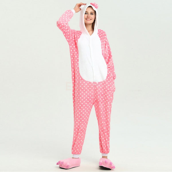Onesie World Unisex Animal Pyjamas - Dotted Pink Hello Kitty Adult Onesie (Cosplay / Nightwear / Halloween / Carnival / Novelty Costume)