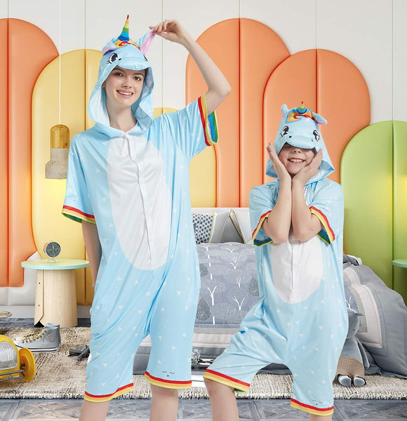Onesie World Unisex Animal Summer Pyjamas - Blue Unicorn Kids Summer Onesie (Book-week / Nightwear / Halloween / Pyjama Days)
