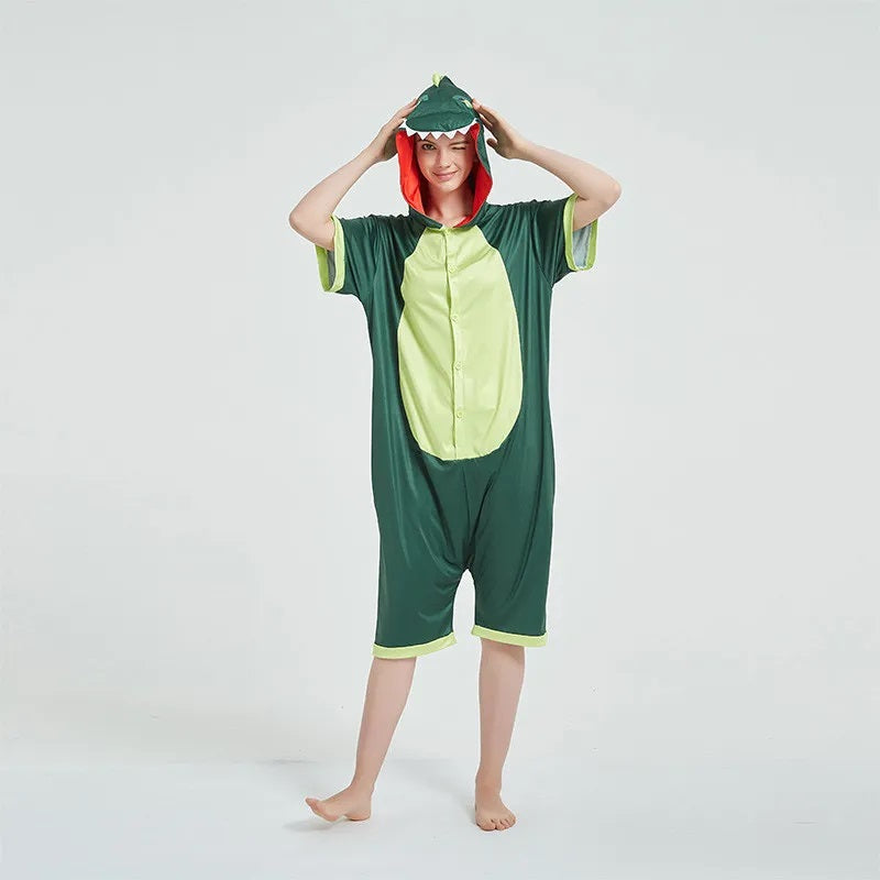 Onesie World Unisex Animal Summer Pyjamas - Green Dinosaur Adult Summer Onesie (Book-week / Nightwear / Halloween / Pyjama Days)