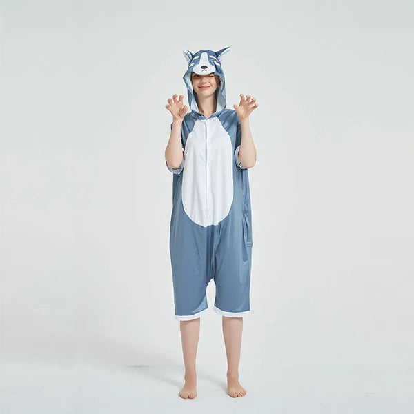 Onesie World Unisex Animal Summer Pyjamas - Grey Husky Dog Adult Summer Onesie (Book-week / Nightwear / Halloween / Pyjama Days)