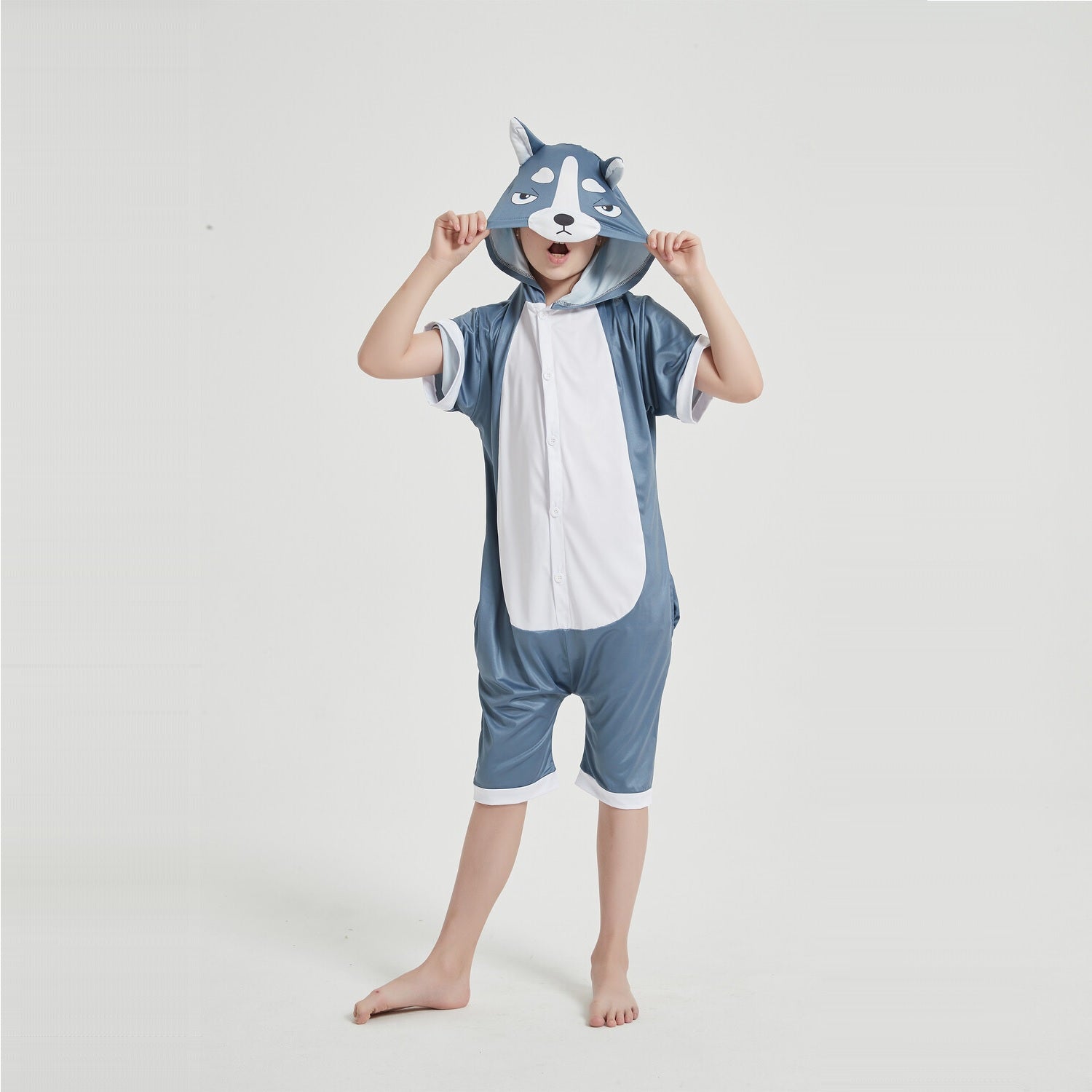 Onesie World Unisex Animal Summer Pyjamas - Grey Husky Dog Kids Summer Onesie (Book-week / Nightwear / Halloween / Pyjama Days)
