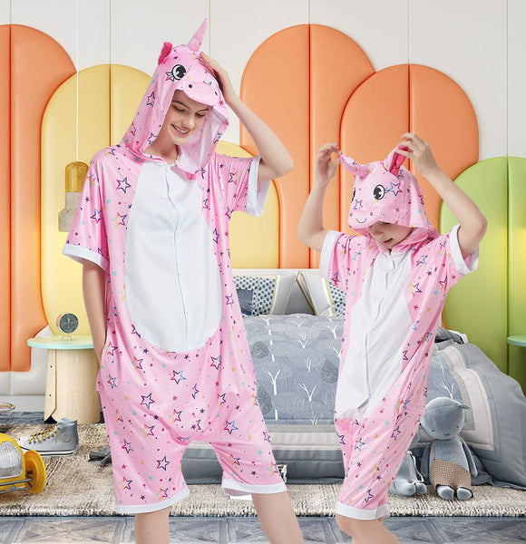 Onesie World Unisex Animal Summer Pyjamas - Pink Star Unicorn Adult Summer Onesie (Book-week / Nightwear / Halloween / Pyjama Days)