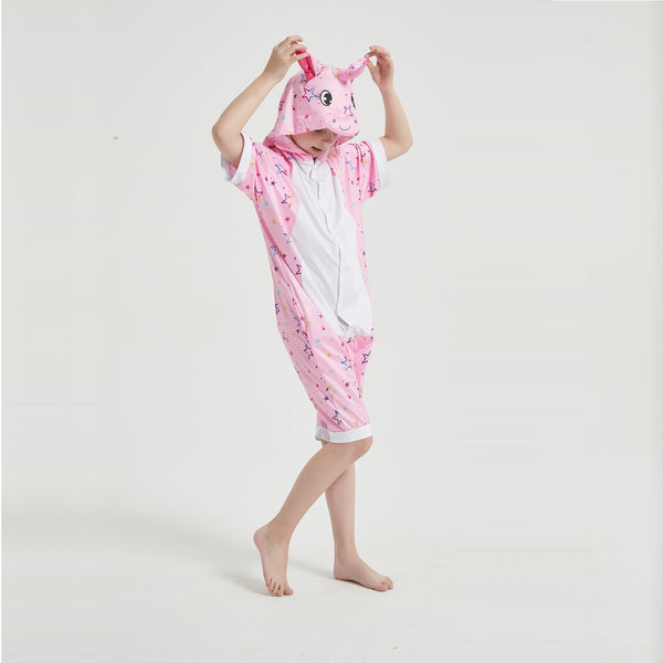 Onesie World Unisex Animal Summer Pyjamas - Pink Star Unicorn Kids Summer Onesie (Book-week / Nightwear / Halloween / Pyjama Days)
