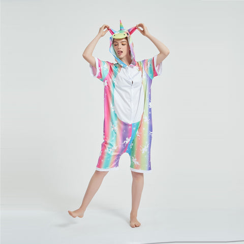 Onesie World Unisex Animal Summer Pyjamas - Rainbow Stripes Unicorn Adult Summer Onesie (Book-week / Nightwear / Halloween / Pyjama Days)