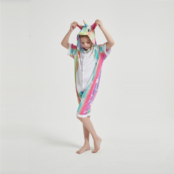 Onesie World Unisex Animal Summer Pyjamas - Rainbow Stripes Unicorn Kids Summer Onesie (Book-week / Nightwear / Halloween / Pyjama Days)