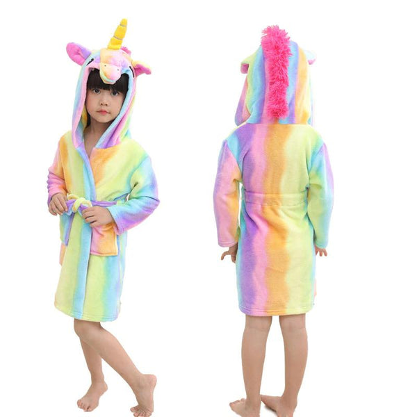 Onesie World - Colourful Rainbow Striped Unicorn Kids Bathrobe