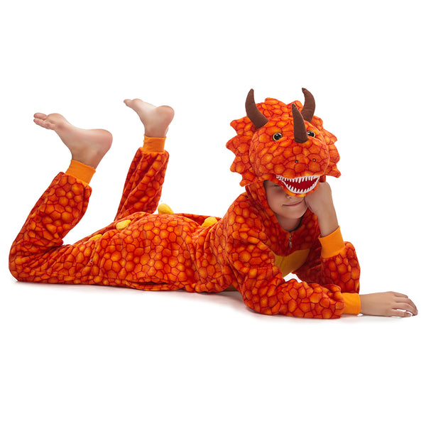 Onesie World Unisex Animal Pyjamas - Orange Triceratops Dinosaur Kids Onesie (Cosplay / Nightwear / Halloween / Carnival / Novelty Costume)