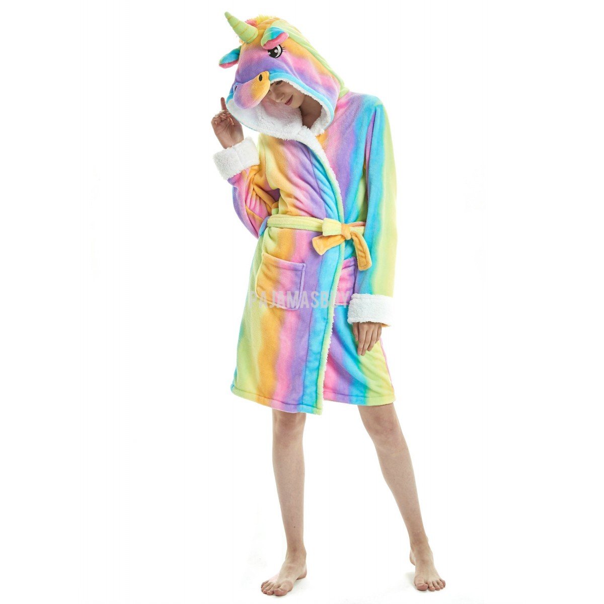 Adult Wearing Striped Rainbow Bathrobe Oneesie